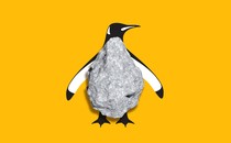 An illustration of a penguin with a small, rocky asteroid in front of its torso, with a mustard-yellow background