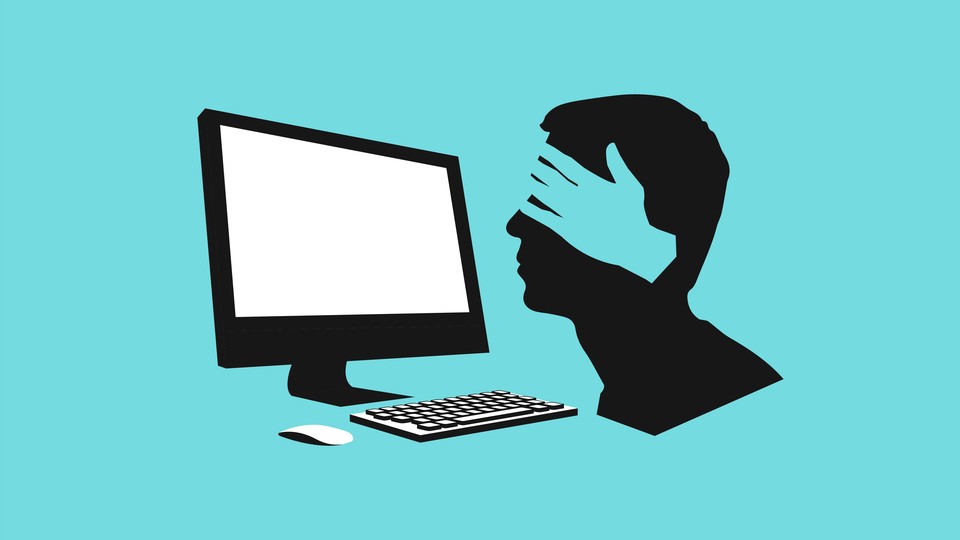 a silhouette of a face looking at a computer with hands covering its eyes against a light blue background