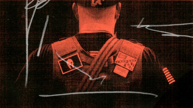 An illustration using a rearview photo of a far-right militia member
