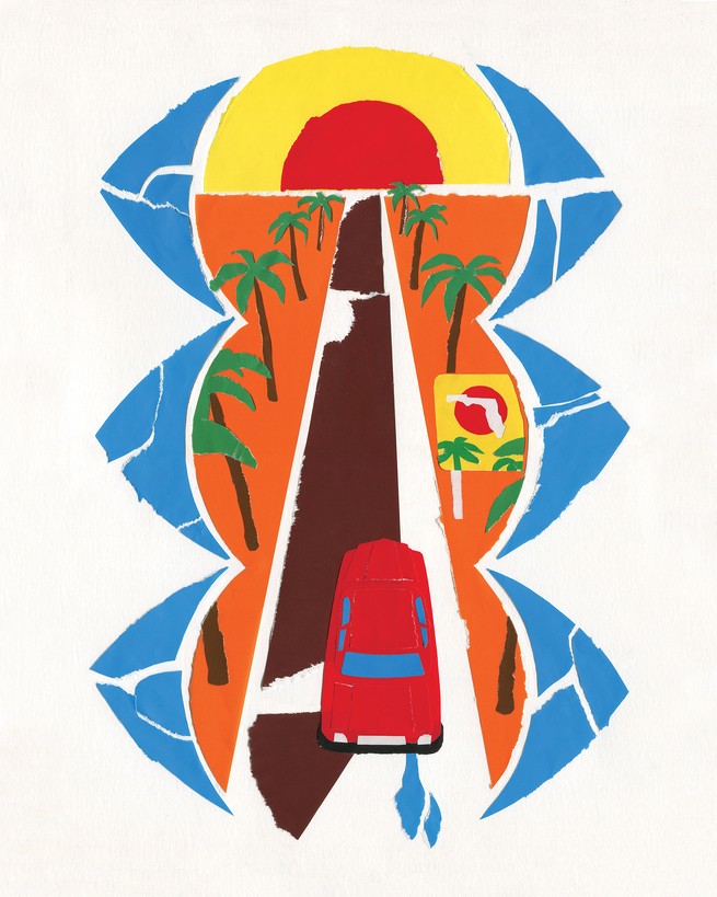 illustration of car driving toward sunset