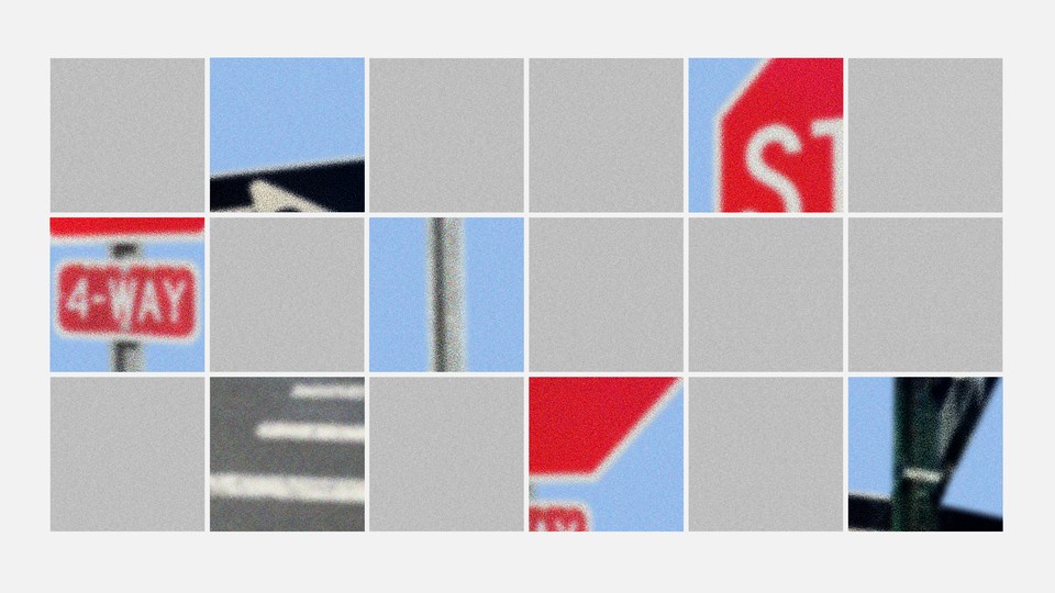 An illustration of a CAPTCHA. It shows a grid of different images, each a different fragment of a stop sign.