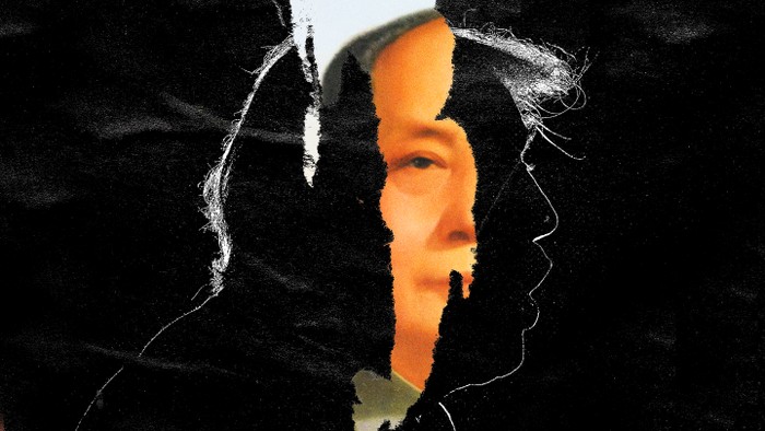 Silhouette of Trump, Mao Zedong peeking out
