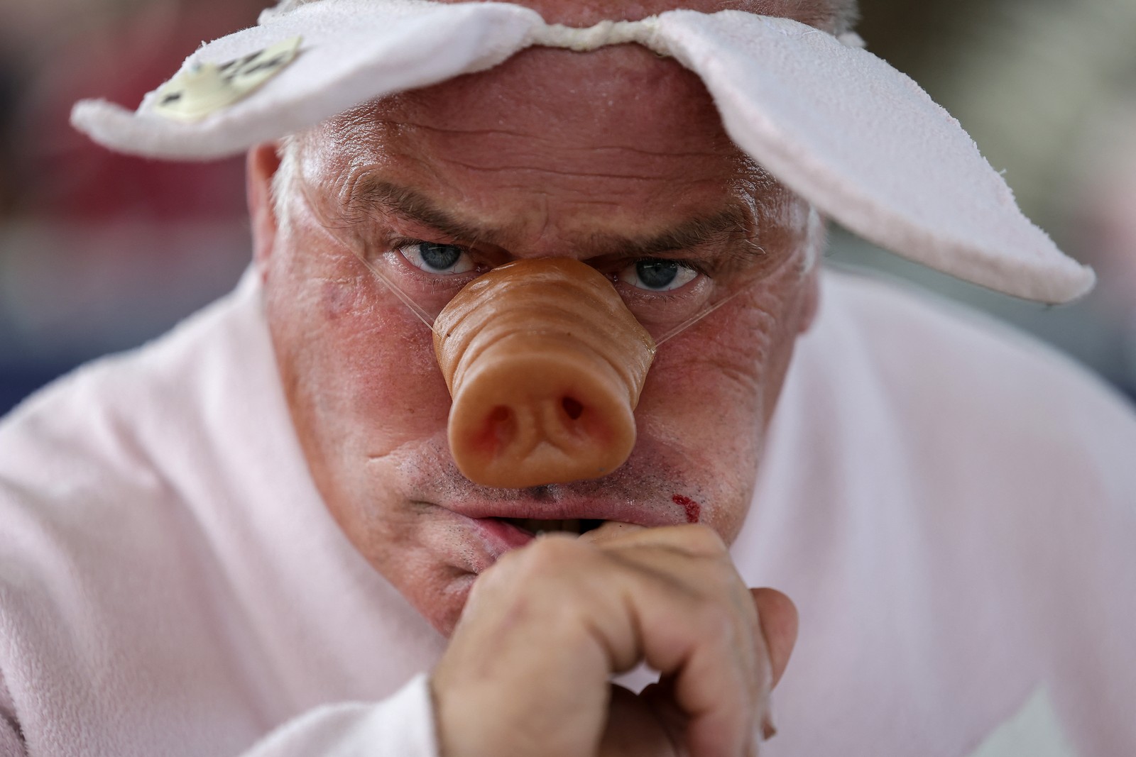A man stares into the camera while wearing costume pig's ears and a false pig nose.