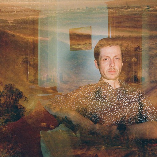 photo with a double exposure, one of a man sitting in his living room next to a guitar with a hazy overlay of a 17th-century landscape painting
