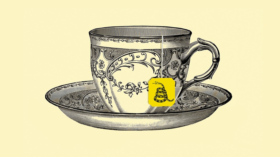 A tea cup illustration with a Gadsden flag tea bag