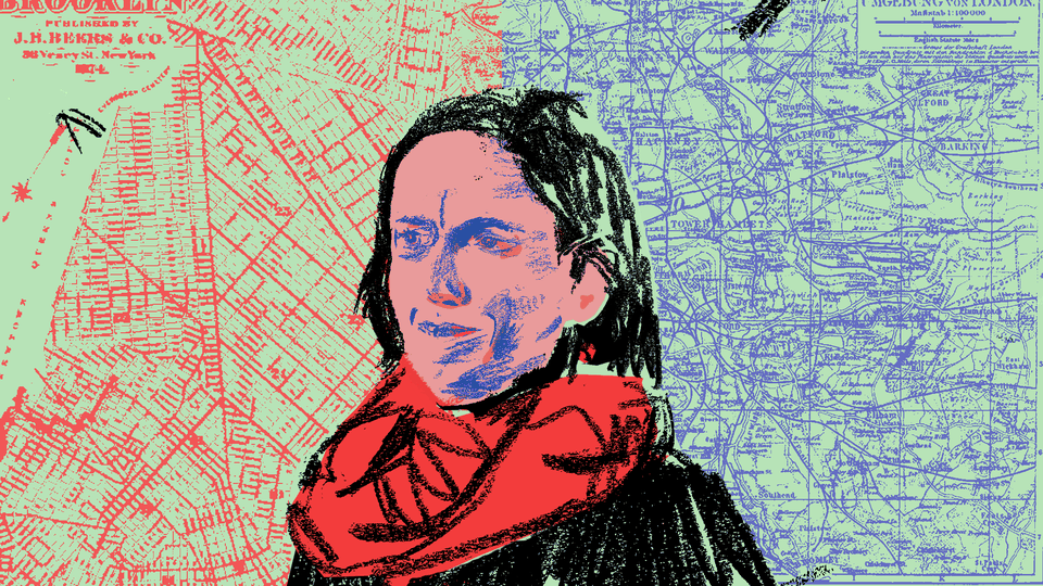 A drawing of the writer Rebecca Mead against a backdrop of maps of Brooklyn and London