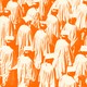 An orange-tinted photo of rows of college graduates wearing caps and gowns