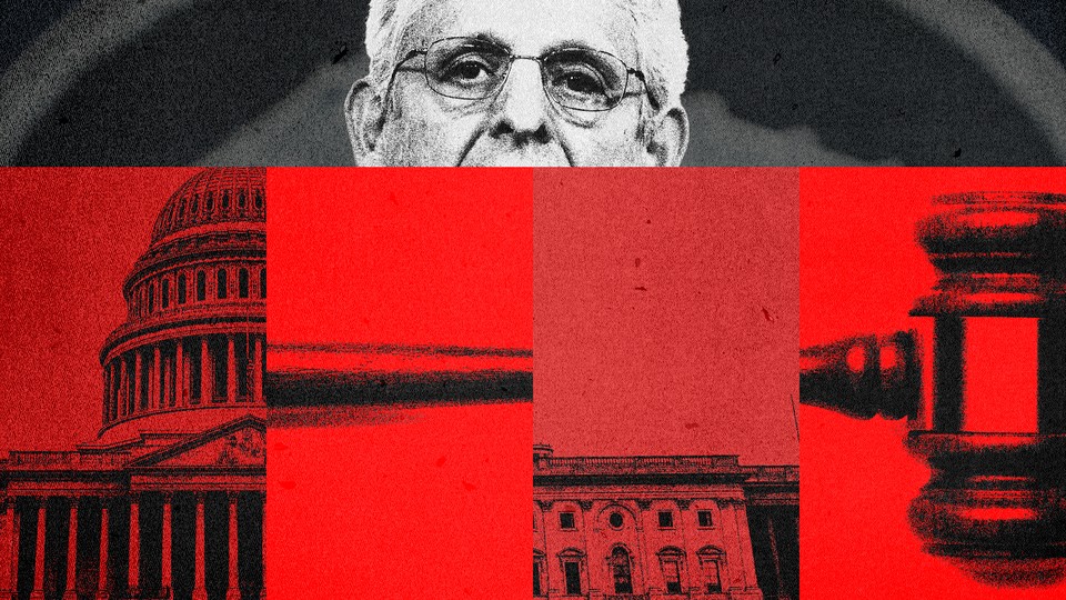 A red-and-black mismatched collage of images of a gavel, the Capitol building, and Merrick Garland