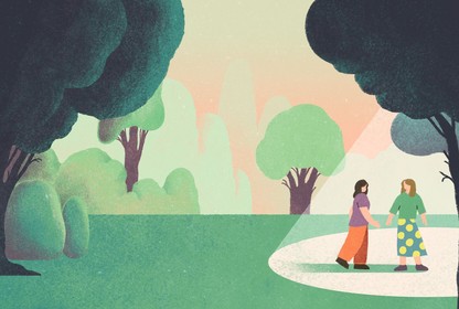 An illustration of two women walking in the woods. A ray of sunshine forms a spotlight; they're standing in it, talking to each other.