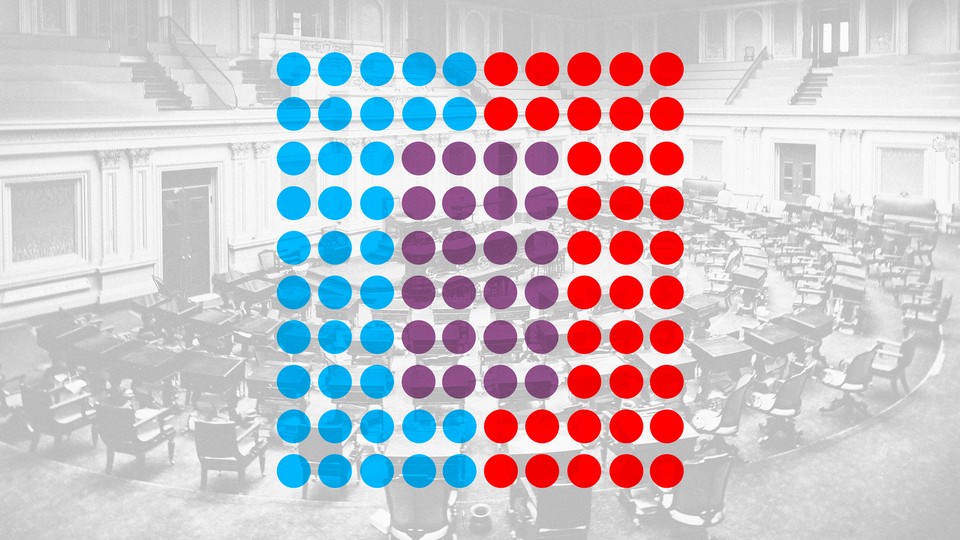 An illustration of blue, purple, and red dots superimposed on a photo of the U.S. Senate
