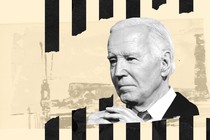 Black-and-white photo of Joe Biden with clasped hands between ripped black paper that looks like jail bars.