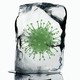 Artwork of a green coronavirus particle inside a block of ice