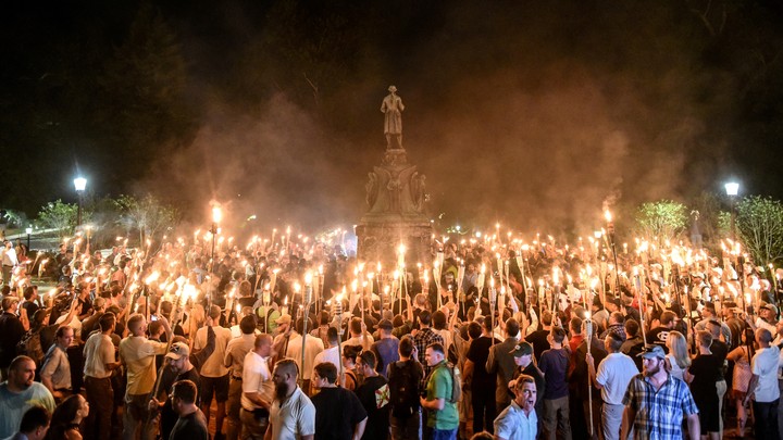 White nationalists at a march ahead of the Unite the Right rally in Charlottesville, Virginia, on August 11, 2017
