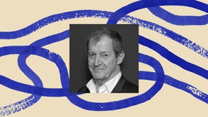 A black-and-white photo of Alastair Campbell bordered by an illustration