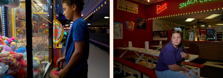 diptych: a boy plays a game; a girl sits in the food area
