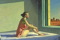 A painting of a woman sitting on a bed looking out the window