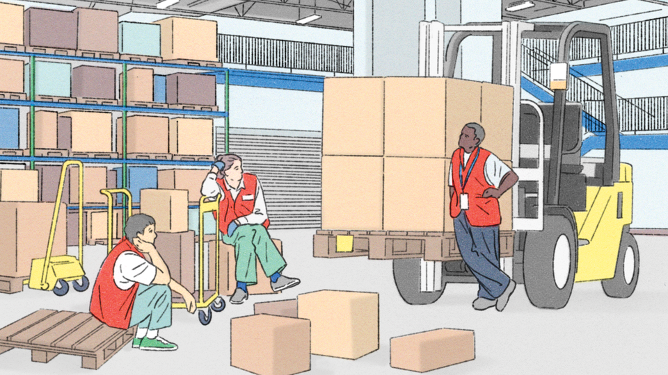 Color illustration of warehouse interior with 3 red-vested workers: one sitting on pallet; one sitting on box leaning her elbow on a dolly; one leaning against loaded forklift