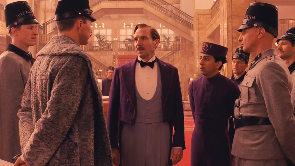A screenshot from a scene in the Wes Anderson film "The Grand Budapest Hotel"
