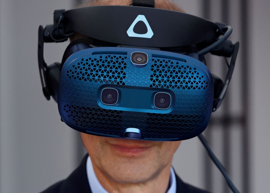 A person wears a virtual-reality headset.