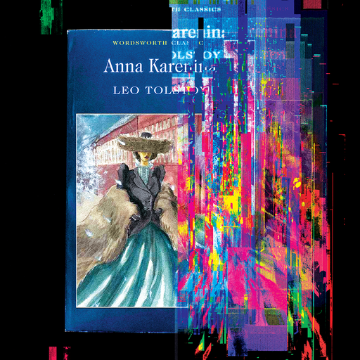 illustration with cover of book 'Anna Karenina' disintegrating into digital noise on black background