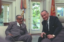 Thurgood Marshall sits with President Lyndon Johnson in the White House 