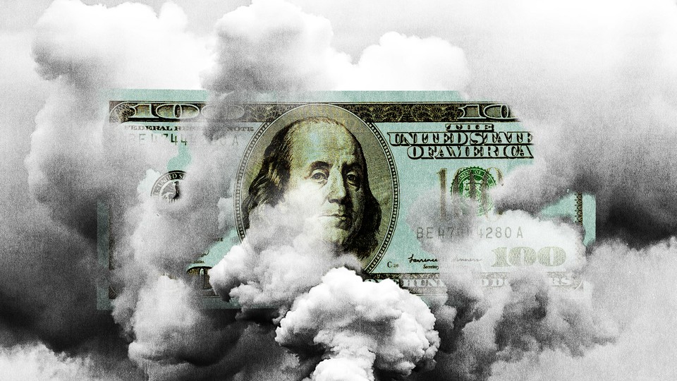 A $100 bill among a cloud of fumes