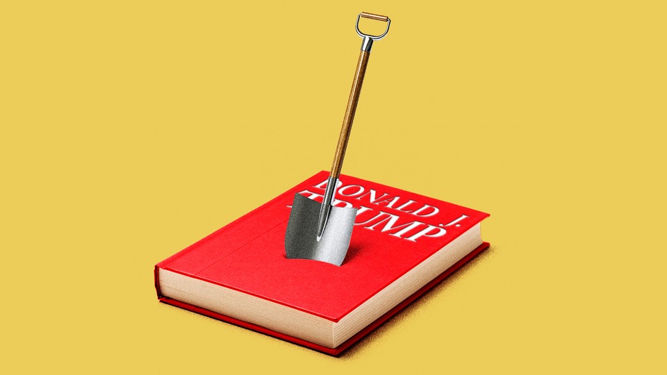 An illustration of a generic red Donald Trump book with a shovel stuck in the middle, on a yellow background.
