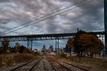 The Detroit skyline seen from empty train tracks