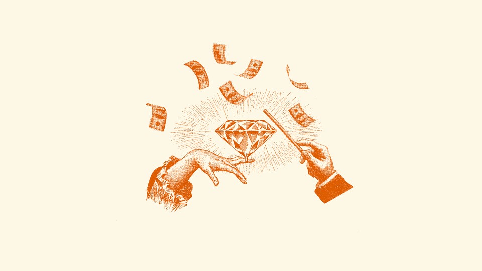 Dark-orange illustration of a woman's hand (at left) wearing an oversize diamond ring, being tapped by a man's hand (at right) with a magic wand; cash bills fly around in the background.