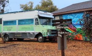 A green and blue food truck parked outside a colorful building