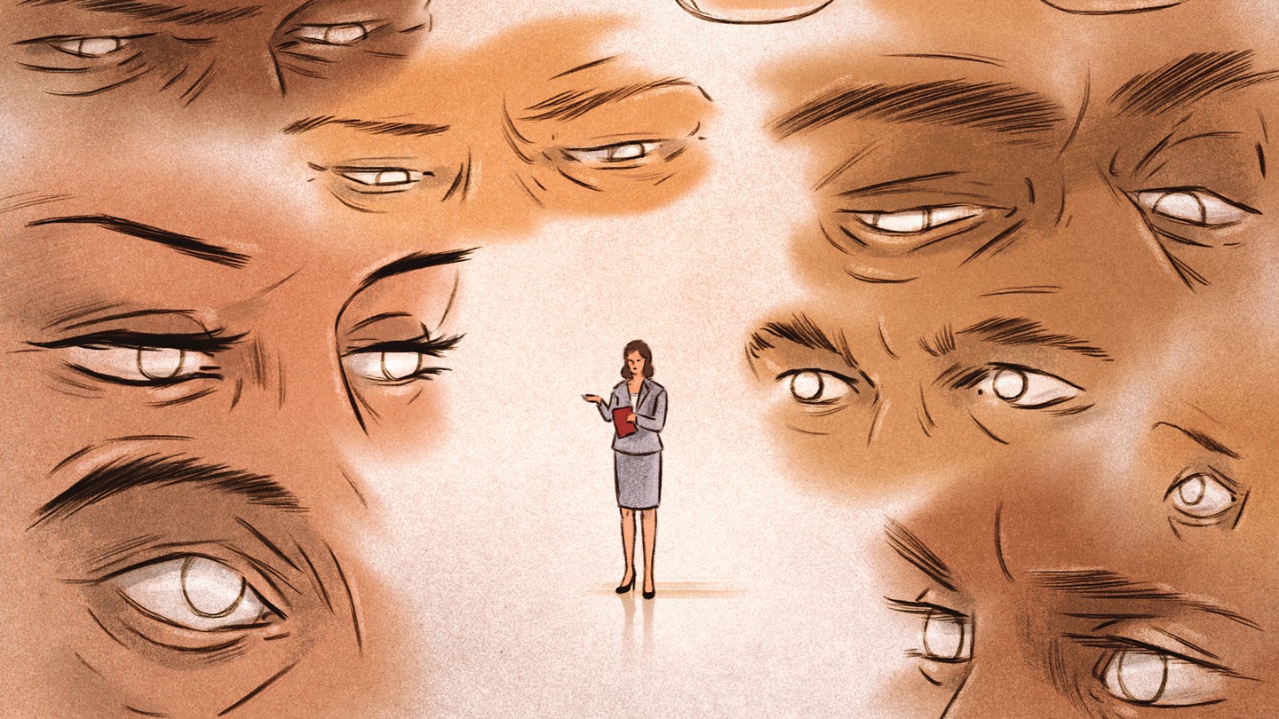 An illustration of a woman surrounded by staring eyes