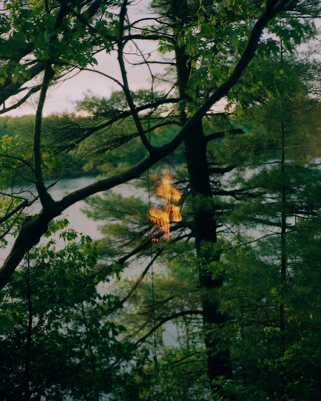 A photo of a lake taken through a window and leafy green tree branches, with flames reflected on the glass