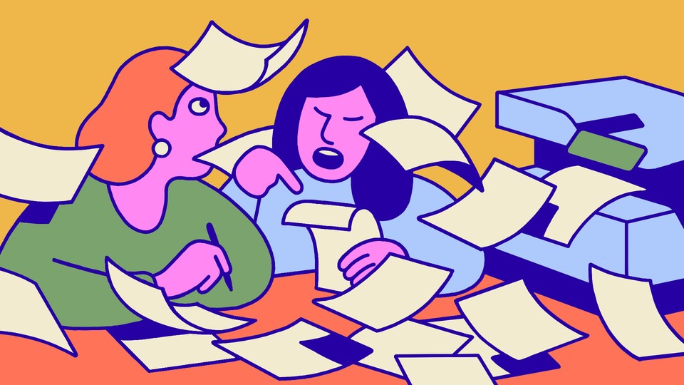 illustration of one woman shouting at another while blank pieces of paper swirl in the air around them