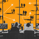 Photo-illustration of air traffic controllers in a control room looking out a window at icons of moving airplanes and walking people.