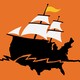 A pirate-style ship with a black hull in the shape of the United States, tall masts, white sails, and a yellow pennant on orange background