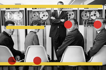 A photo collage of businesspeople with colorful shapes covering their faces.