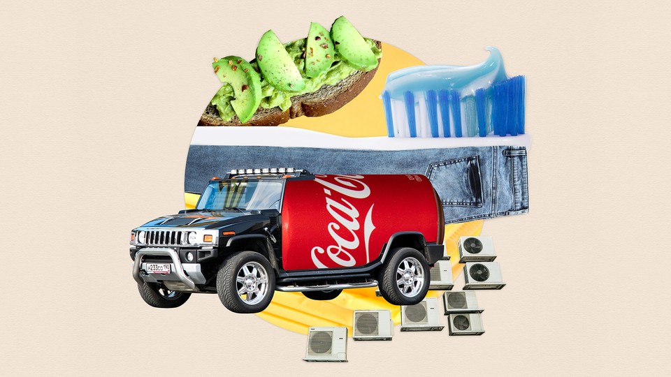 Illustration shows  a truck with a Coca-Cola bottle in the back, avocado toast, a toothbrush atop a pair of blue jeans, and air conditioners.