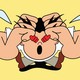 A cartoon illustration of a person with many hearts for eyes, pulling at their hair in excitement.