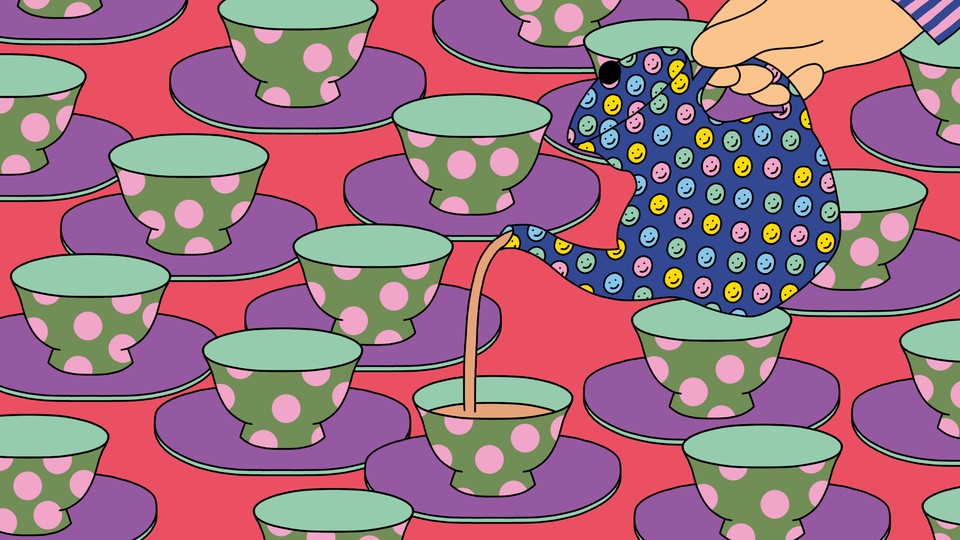 An illustration of a teapot pouring out tea into many cups.