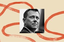 Black-and-white headshot of former FBI official Peter Strzok, inset in an illustrated background