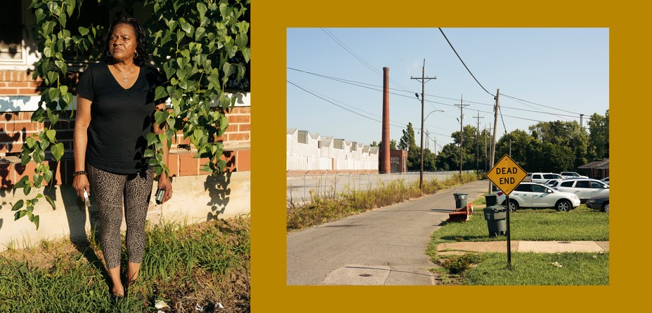 Diptych: Mary Wainwright standing against a sunny brick wall with a vine , wearing printed leggings and a black t-shirt, a dead end street of houses and a smoke stack 