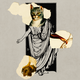 a human figure is wearing a toga but has a cat's head, a monkey's hand, and a bird's foot