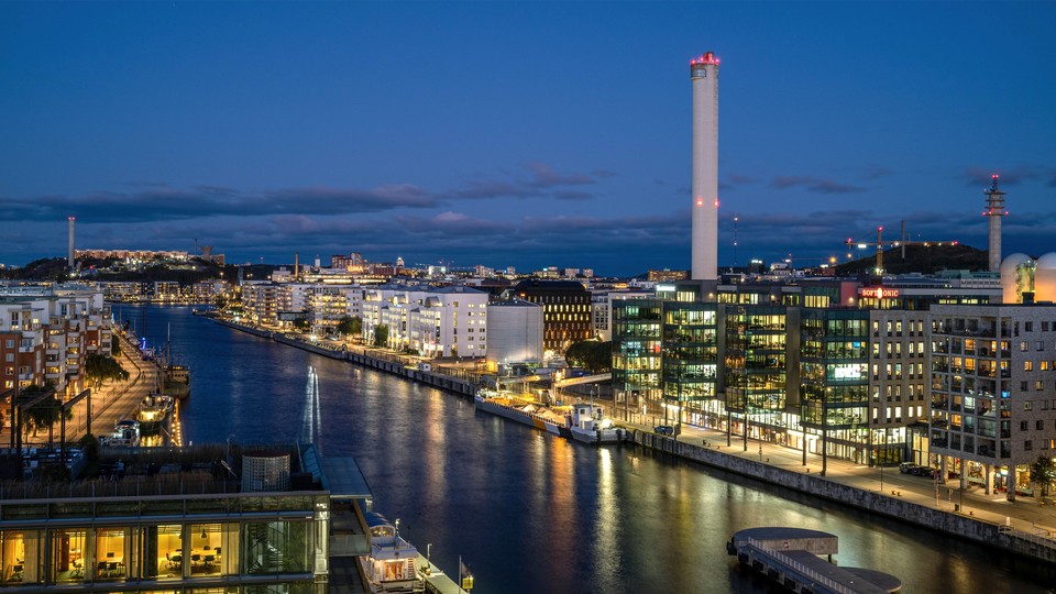 Hammarbyverket heating plant at night, Sodra Hammarbyhamnen, Stockholm