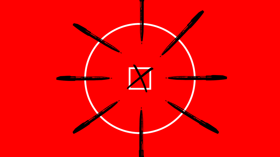 The shape of a coronavirus with pens where spike proteins should be and a box marked 'X' at the center