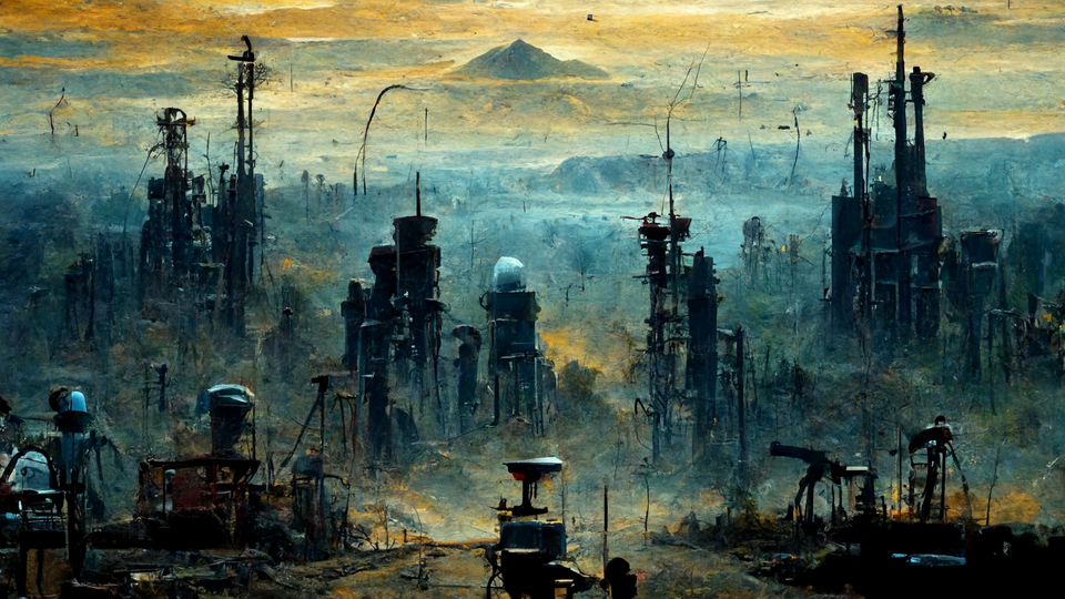 An AI generated picture of "robots painting pictures on easels detailed dystopian future sci fi landscape." 