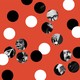 Illustration of dots revealing black-and-white photos of Hannah Gadsby, Dave Chappelle, and Louis C.K. along with solid black and white dots on red background