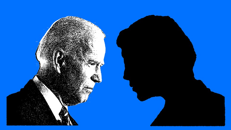 Illustration showing Joe Biden facing the silhouette of an unidentified challenger