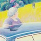 A stylized painting of an older woman leaning against a car, looking into the distance at two figures standing in a neon grassy field