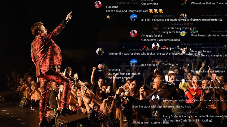 A photo of Harry Styles performing in concert, overlaid with screenshots from a Discord channel.