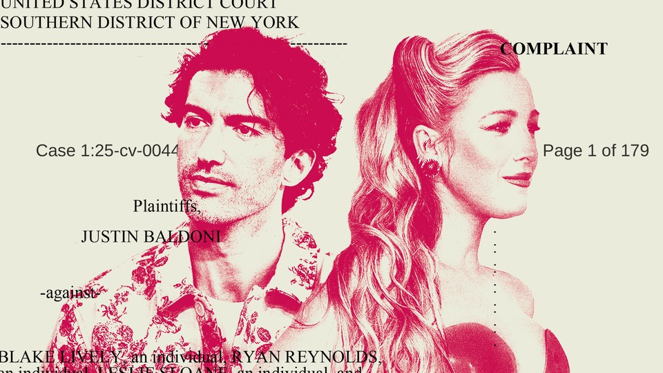 Photo-illustration of Justin Baldoni and Blake Lively over court documents.